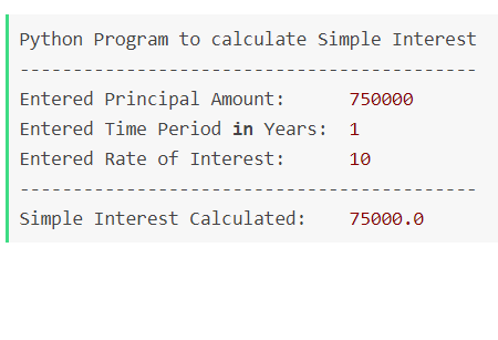Output - Python Program to calculate Simple Interest